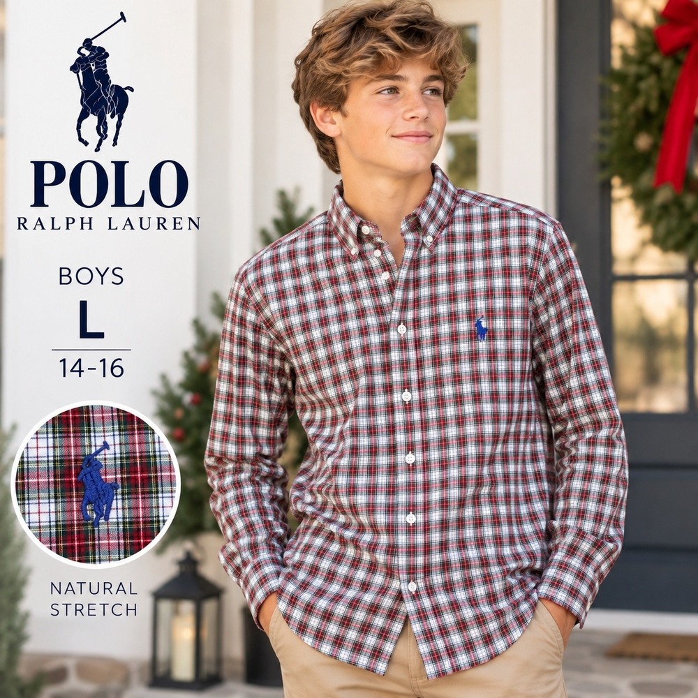 Polo Ralph Lauren Plaid Shirt Boys L 14-16 Red White Button Down Stretch Holiday